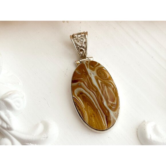 Utah Agate Brown & Gold Oval Floral Bail Sterling Silver 925 Vintage Pendant - Picture 3 of 10